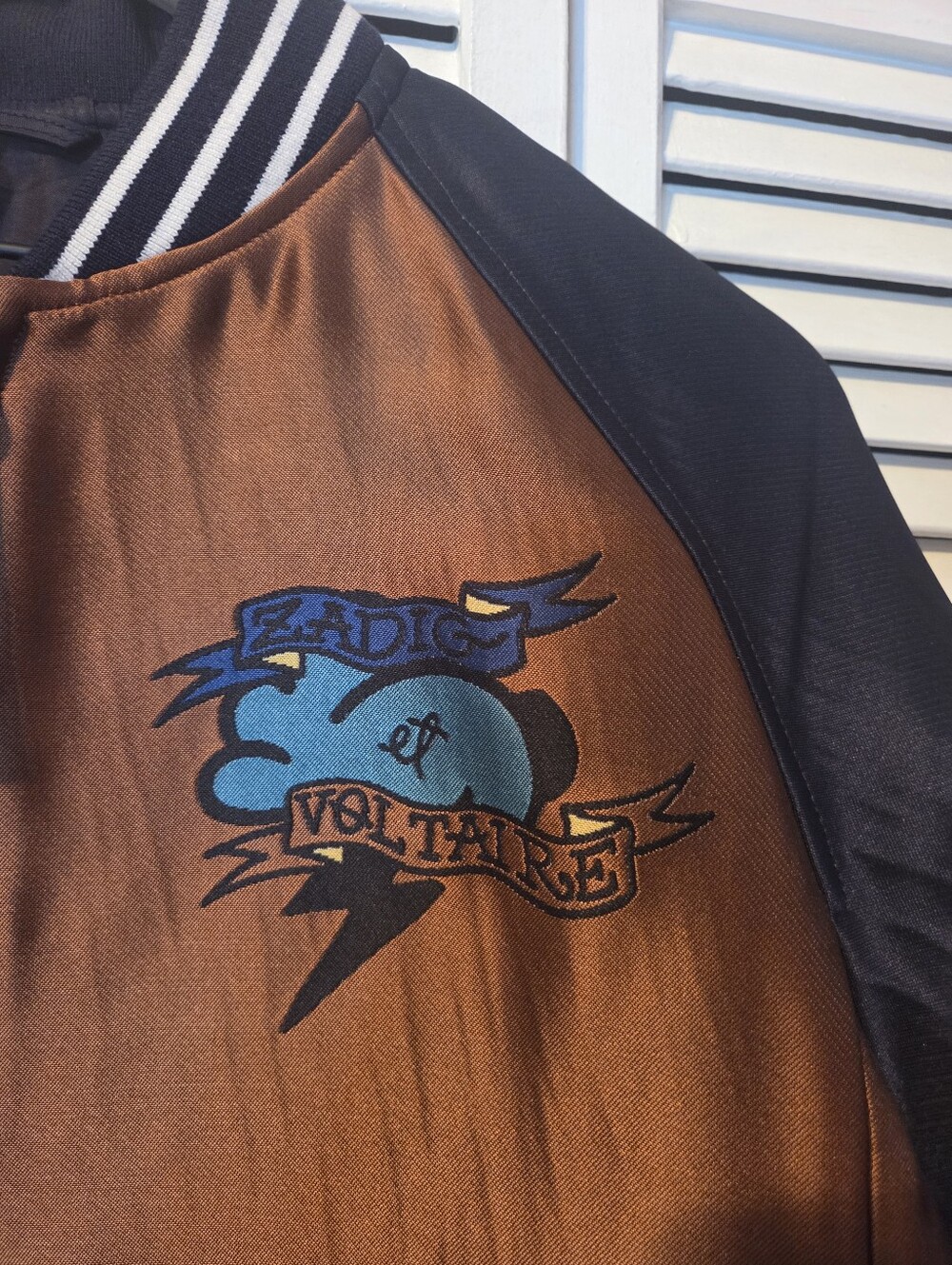 Zadig & Voltaire Satin Bomber Jacket in Brown and Black with Graphic Back -Sz SM - Picture 4 of 13